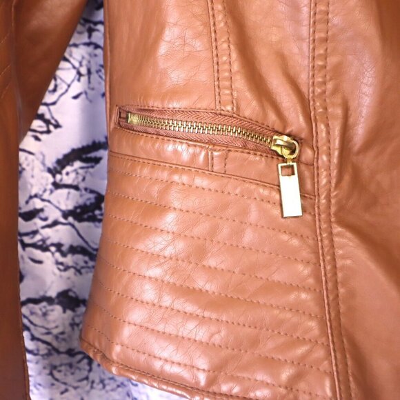CARAMEL FAUX LEATHER JACKET S Therapy Brown Tan Moto Vegan Fall Classic Retro - Picture 3 of 11